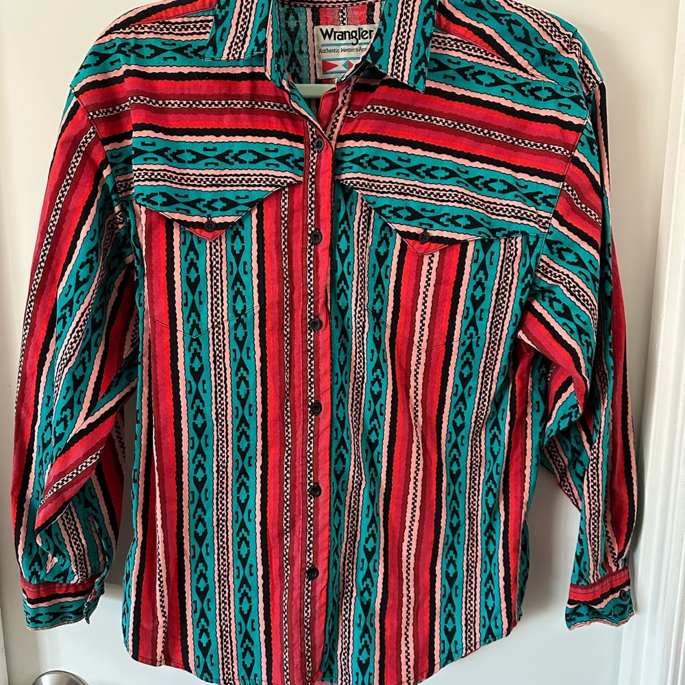 Wrangler Red and Black Button Down Shirt with Vertical Stripes